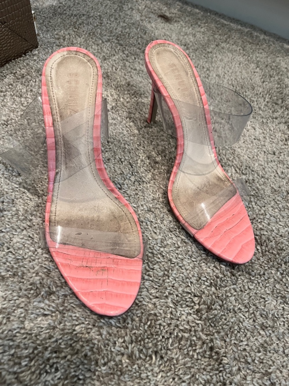 SCHUTZ Coral Pink Clear Strap Mules